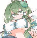  1girl bare_shoulders blush breasts closed_mouth detached_sleeves frog_hair_ornament gohei green_eyes green_hair hair_between_eyes hair_ornament hair_tubes holding holding_gohei japanese_clothes kochiya_sanae large_breasts long_hair looking_at_viewer massakasama navel nontraditional_miko simple_background solo touhou upper_body white_background 