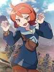  1girl :d arezu_(pokemon) black_shorts blurry blurry_background bracelet brown_pantyhose claw_pose cloud commentary_request day fang grey_jacket hands_up highres jacket jewelry looking_at_viewer marie_(marie_cookie222) open_mouth orange_eyes orange_hair outdoors pantyhose pokemon pokemon_legends:_arceus shorts signature sky smile solo 