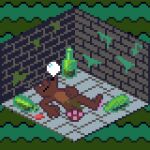 animated anthro bodily_fluids bottle bottomwear brown_body bubble canid canine canis clothed clothing container digital_media_(artwork) domestic_dog dungeon green_background isometric kawa_kir(artist) loincloth loincloth_only male mammal moss pawpads pinscher pinscher_5d pixel_(artwork) pixel_animation plant simple_background sleeping snot snot_bubble solo topless wine_bottle