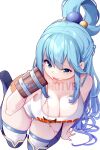  1girl alcohol aqua_(konosuba) artist_name beer beer_mug blue_eyes blue_footwear blue_hair boots breasts commentary_request cup highres holding holding_cup hooters hot_vr kono_subarashii_sekai_ni_shukufuku_wo! large_breasts long_hair looking_at_viewer mug ponytail shirt simple_background sitting solo tank_top thigh_boots thighhighs tongue tongue_out umamusume very_long_hair wariza watermark white_background white_shirt white_tank_top white_thighhighs 