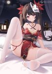  1girl bare_shoulders bell black_choker black_hair breasts choker cleavage detached_sleeves dress flower_tattoo fox_mask highres honkai:_star_rail honkai_(series) icwine indoors long_hair looking_at_viewer mask neck_bell night on_bed parted_lips pillow red_dress red_eyes short_sleeves sidelocks sitting small_breasts smile soles solo sparkle_(honkai:_star_rail) tattoo teeth thighhighs twintails white_thighhighs 