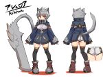  1girl animal_ears ashroa_(cougar1404) black_thighhighs blue_coat boots cat_ears cat_girl cat_tail character_name coat commentary cougar_(cougar1404) grey_footwear grey_hair grey_shorts huge_weapon long_sleeves looking_at_viewer micro_shorts multiple_views orange_eyes original partially_unzipped reference_sheet shadow short_hair_with_long_locks shorts simple_background sleeves_past_wrists standing sword tail thighhighs translated weapon white_background 
