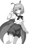  1girl antennae cape closed_mouth collared_shirt commentary greyscale highres long_sleeves looking_at_viewer monochrome onkn_sxkn shirt short_hair shorts simple_background smile solo touhou w wriggle_nightbug 