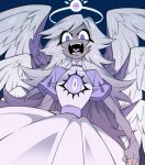  1girl absurdres angel_wings angry d: dark-skinned_female dark_skin dress emily_(hazbin_hotel) grey_hair halo hazbin_hotel highres kageimo layered_sleeves long_hair long_sleeves multiple_wings puffy_short_sleeves puffy_sleeves purple_eyes short_over_long_sleeves short_sleeves simple_background solo teeth tongue white_dress wings 