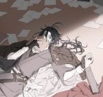  2boys akutagawa_ryuunosuke_(bungou_to_alchemist) antenna_hair ascot belt black_belt black_gloves black_hair blue_eyes book brown_cape bungou_to_alchemist cape covering_own_mouth dazai_osamu_(bungou_to_alchemist) gloves grey_kimono grey_shirt hair_between_eyes highres holding holding_book holding_hands japanese_clothes kimono long_hair looking_at_another low_ponytail lying male_focus memdic_(srs00108) multiple_belts multiple_boys on_back on_floor one_eye_closed out_of_frame paper partially_fingerless_gloves pinstripe_pattern pinstripe_shirt red_cape sash shirt sideways_glance solo_focus sunlight white_ascot white_sash white_shirt 