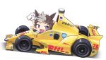  1girl bottle car chibi dhl driving formula_racer gloves grey_hair highres holding holding_bottle honda indycar_series looking_to_the_side mejiro_ryan_(umamusume) milk_bottle motor_vehicle purple_eyes race_vehicle racecar sakusan_(ss-awesome) shadow short_hair simple_background solo spoiler_(automobile) umamusume vehicle_focus white_background white_gloves 