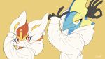 5_fingers ambiguous_gender anthro blue_body blush cinderace clothing duo fingers fur generation_8_pokemon hi_res hoodie humanoid_hands inteleon lagomorph looking_at_viewer mammal minamo_(pixiv17726065) multicolored_body multicolored_fur narrowed_eyes nintendo pokemon pokemon_(species) pose pupils red_body red_fur reptile scalie signature simple_background smile topwear white_body white_fur white_pupils yellow_background