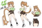  1girl alternate_hairstyle animal_ears aqua_eyes axe bad_id bad_twitter_id battle_axe black_footwear black_overalls breasts brown_hair camisole cat_ears cat_girl cat_tail character_name commentary cougar_(cougar1404) green_camisole grey_socks hair_down hand_on_own_hip large_breasts looking_at_viewer looking_back medium_hair megu_(cougar1404) micro_shorts multiple_views open_mouth original overall_shorts overalls reference_sheet shoes shorts simple_background sleeveless smile socks standing suspenders suspenders_slip tail tail_through_clothes translated twintails v weapon white_background wrist_cuffs zipper 