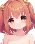  1girl bare_shoulders bell collarbone grin hair_bell hair_ornament happy head_tilt jingle_bell light_blush looking_at_viewer medium_hair motoori_kosuzu orange_eyes orange_hair sen1986 simple_background smile solo touhou white_background 