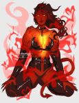  1girl abs baldur&#039;s_gate baldur&#039;s_gate_3 bra broken_horn colored_skin demon_girl demon_horns demon_tail dungeons_and_dragons highres horns karlach lingerie missamethysa muscular muscular_female panties pointy_ears red_skin smile tail thighhighs underwear 