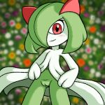 2024 blurred_background blush female flashing flower generation_3_pokemon genitals kirlia looking_at_viewer nintendo nude plant pokemon pokemon_(species) pussy scarr_(artist) smile solo standing