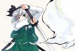  black_ribbon ginji74 green_eyes green_skirt hair_ribbon highres holding holding_sword holding_weapon jacket konpaku_youmu konpaku_youmu_(ghost) long_sleeves looking_at_viewer ribbon sheath short_hair silver_hair simple_background skirt skirt_set solo sword touhou vest weapon 