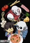  1other 2boys :t =_= androgynous basil_leaf black_background bone brothers brown_hair cape cel_shading cheese child commentary copyright_name eating film_grain finger_to_own_chin food food_on_face fork frisk_(undertale) from_above garlic gloves grin hand_on_own_hip highres holding holding_fork kamezaemon leaf male_focus meat multiple_boys one_eye_closed papyrus_(undertale) pasta red_cape red_gloves sans short_hair siblings simple_background skeleton smile sparkle sweat tomato undertale upper_body 