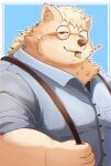2024 anthro blush canid canine canis clothing domestic_dog eyewear glasses humanoid_hands kemono male mammal metaporin one_eye_closed overweight overweight_male shirt simple_background solo suspenders topwear wink