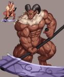  1boy abs arka_(arkalpha) baphomet baphomet_(ragnarok_online) bara brown_fur colored_sclera feet_out_of_frame fingernails goat_horns grey_background highres holding holding_scythe hooves horns large_pectorals male_focus monster muscular muscular_male neck_fur pectorals pixel_art_inset pointy_ears ragnarok_online reference_sheet scythe sharp_fingernails simple_background slit_pupils solo thick_arms thick_thighs thighs two-tone_fur yellow_sclera 