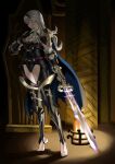  1girl armor ascot black_armor black_hairband black_leotard breasts cape cleavage corrin_(female)_(fire_emblem) corrin_(female)_(nohr_noble)_(fire_emblem) corrin_(fire_emblem) fire fire_emblem fire_emblem_fates gauntlets gloves grey_hair hair_between_eyes hairband highres leotard long_hair medium_breasts official_alternate_costume peacefulandflat pointy_ears red_eyes solo thighhighs toeless_legwear torn_cape torn_clothes 