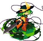  1girl black_headwear blouse bow buttons diamond_button eyeball frilled_shirt_collar frilled_sleeves frills green_eyes green_hair green_skirt hat hat_bow hat_ribbon heart heart_of_string holding holding_knife holding_weapon knife komeiji_koishi lowres one-hour_drawing_challenge open_mouth ribbon shirt skirt tea_basira third_eye touhou weapon white_background wide_sleeves yellow_bow yellow_ribbon yellow_shirt 