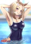  1girl animal_ears armpits arms_up blonde_hair blue_one-piece_swimsuit blurry blurry_background blush breasts cleavage commentary_request ear_covers ear_ornament grin highres horse_ears horse_girl indoors large_breasts looking_at_viewer narita_top_road_(umamusume) one-piece_swimsuit partially_submerged pool school_swimsuit single_ear_cover smile solo swimsuit tsukareme umamusume water wet wet_clothes wet_swimsuit yellow_eyes 