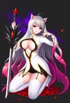  animal_ears bad_id bad_pixiv_id bangs black_background black_skirt breasts cat_ears cleavage cleavage_cutout closed_mouth dungeon_and_fighter extra_ears female_slayer_(dungeon_and_fighter) full_body garter_straps gem gradient_hair grey_hair hair_tucking head_tilt highres holding holding_sword holding_weapon kneeling large_breasts long_hair looking_at_viewer miniskirt multicolored_hair pencil_skirt phonic pink_hair red_eyes red_lips shade shoes silver_hair skirt solo swept_bangs sword sword_master_(dungeon_and_fighter) thighhighs two-tone_hair very_long_hair wavy_hair weapon white_footwear white_legwear 