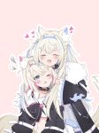  2girls absurdres animal_ear_fluff animal_ears bandaid bandaid_hair_ornament black_collar black_jacket blonde_hair blue_eyes blue_hair blue_hairband blush cat_ears chain closed_eyes collar crop_top d; deararisu facing_viewer fang fangs frilled_sleeves frills fur-trimmed_jacket fur_trim fuwawa_abyssgard hair_intakes hair_ornament hairband heart highres hololive hololive_english jacket jewelry long_hair long_sleeves looking_at_viewer midriff_peek mococo_abyssgard multicolored_hair multiple_girls navel one_eye_closed open_mouth outline pendant pink_background pocket shirt simple_background squiggle standing streaked_hair upper_body virtual_youtuber white_outline white_shirt 