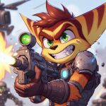 ai_assisted anthro fur green_eyes jawad_al_mherat lombax male mammal ratchet ratchet_and_clank scar shooting shooting_gun solo sony_corporation sony_interactive_entertainment striped_body striped_fur stripes yellow_body yellow_fur