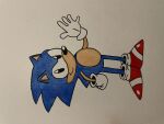 absurd_res anthro black_eyes black_nose blue_body cartoon_eyes classic_sonic classic_sonic_(universe) clothing eulipotyphlan footwear gesture gloves handwear hedgehog hi_res ink looking_at_viewer male mammal painting_(artwork) quills_(anatomy) red_clothing red_footwear red_shoes sega shoes simple_background smile smiling_at_viewer solo sonic_the_hedgehog sonic_the_hedgehog_(series) toony traditional_media_(artwork) unknown_artist watercolor_(artwork) waving white_background white_clothing white_gloves white_handwear