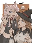  2girls animal_ear_fluff animal_ears bang_dream! bang_dream!_it&#039;s_mygo!!!!! black_cape black_headwear black_shirt black_skirt blue_eyes bright_pupils brown_hair cape cat_ears chain chihaya_anon claw_pose collarbone commentary crop_top english_commentary food halloween hat highres holding holding_food holding_pumpkin holding_vegetable jack-o&#039;-lantern kemonomimi_mode long_hair looking_at_another multiple_girls nagasaki_soyo one_eye_closed open_mouth orange_background pink_hair pumpkin scar scar_on_face scar_on_nose scar_on_stomach shirt skirt sleeveless sleeveless_shirt swimsuit two-tone_background vegetable white_background white_pupils white_shirt witch_hat wristband yanlingjinshilihuahua 
