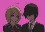  1boy 1girl absurdres ahoge akamatsu_kaede black_headwear black_jacket black_sailor_collar black_shirt closed_mouth collared_shirt danganronpa_(series) danganronpa_v3:_killing_harmony fu_ga_(vivi912912) hair_between_eyes hair_ornament hairclip highres jacket necktie pink_background pink_eyes portrait saihara_shuichi sailor_collar shirt simple_background smile striped_necktie 