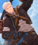  1boy belt black_gloves black_jacket black_pants brown_belt closed_mouth cloud day gloves granblue_fantasy granblue_fantasy:_relink highres id_(granblue_fantasy:_relink) jacket kimakkun looking_at_viewer male_focus orange_eyes outdoors pants shirt short_hair sky solo sword sword_on_back weapon weapon_on_back white_hair white_shirt 