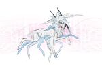  abstract_background blue_eyes blue_feathers blue_tongue blue_wings colored_tongue creature extra_legs feathers head_wings highres hooves kamikiririp multicolored_feathers no_humans open_mouth original smile white_feathers white_wings wings 