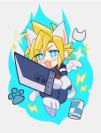  1boy animal_ears animal_feet animal_hands armor blonde_hair blue_background blue_eyes blue_gloves blue_pants blue_shirt blush_stickers can cat_boy cat_ears cat_tail cloud_strife drink_can earrings fang final_fantasy final_fantasy_vii full_body gloves grey_background highres jewelry keiseki1 kemonomimi_mode lightning_bolt_symbol male_focus open_mouth pants pauldrons paw_print shirt short_hair shoulder_armor skin_fang sleeveless soda_can solo sparkle sparkling_eyes spiked_hair stud_earrings tail white_wings wings 