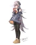  1girl :o absurdres arknights bare_shoulders beret black_pantyhose black_shirt blush breasts brown_footwear commentary_request cup dated full_body gaoling_gangqin grey_hair grey_headwear grey_jacket hat highres holding holding_cup jacket long_hair long_sleeves looking_at_viewer medium_breasts mug mulberry_(arknights) off_shoulder open_clothes open_jacket pantyhose parted_lips purple_eyes shirt simple_background sleeveless sleeveless_shirt solo standing steam very_long_hair white_background wide_sleeves 
