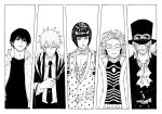  5boys ascot belt black_hair black_robe bob_cut boku_no_hero_academia bruno_bucciarati chainsaw_man coat facial_mark fur-trimmed_coat fur_trim hat hawks_(boku_no_hero_academia) high_collar jojo_no_kimyou_na_bouken lance_crown long_sleeves love_helix mashle monochrome multiple_boys necktie one_piece robe sabo_(one_piece) short_hair smile top_hat wand white_ascot yoshida_hirofumi 