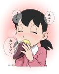  1girl black_hair closed_eyes commentary_request dated doraemon eating food holding holding_food low_twintails minamoto_shizuka mochi-iri_kinchaku phallic_symbol roasted_sweet_potato sexually_suggestive solo steam sweet_potato translation_request twintails upper_body 