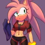 abs amy_rose anthro bodily_fluids bottomwear bracelet breasts cleavage clothed clothing crop_top eulipotyphlan exercise_clothing eyelashes female fur green_eyes hair hedgehog hi_res jewelry long_hair mammal navel pants pberry-daki pink_body pink_fur quills_(anatomy) sega shirt solo sonic_the_hedgehog_(series) sweat topwear towel yoga_pants