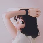  arms_up black_eyes black_hair closed_mouth grey_background hands_above_head ilya_kuvshinov looking_at_viewer looking_to_the_side original shirt short_hair short_sleeves simple_background smile solo upper_body watch white_shirt wristwatch 