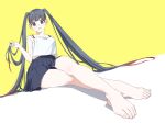  1girl bare_shoulders barefoot blush camisole crossed_legs foreshortening grey_eyes grey_hair highres long_hair looking_at_viewer multicolored_hair original osakana_(osakanagazoubot) red_hair sitting skirt smile solo streaked_hair toes twintails two-tone_hair very_long_hair 