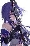  1girl absurdres acheron_(honkai:_star_rail) bare_shoulders black_gloves breasts chain commentary_request elbow_gloves gloves highres holding holding_sword holding_weapon honkai:_star_rail honkai_(series) katana large_breasts long_hair navel purple_eyes purple_hair simple_background solo sword uefw8437 upper_body very_long_hair weapon white_background 