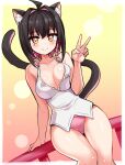  1girl ahoge animal_ears black_hair braid breasts camisole cat_ears cat_girl cat_tail closed_mouth commentary cougar_(cougar1404) crotch_seam dutch_angle hair_intakes leo_(cougar1404) looking_at_viewer medium_breasts mole mole_under_eye multicolored_hair original panties pink_hair pink_panties railing short_hair side_braids sitting smile solo tail two-tone_hair underwear underwear_only white_camisole yellow_eyes 