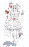  1girl 9_jira apron axe axe_in_head back_bow bandaged_leg bandages bandaid bandaid_hair_ornament blood blood_bag bow commentary egg_(food) expressionless food fried_egg frilled_apron frilled_skirt frills full_body gauze gauze_on_leg grey_halo grid_background hair_between_eyes hair_ornament halo hand_up handheld_game_console hat heart heart_(organ) heart_in_eye highres holding holding_heart holding_organ intravenous_drip jacket long_hair long_sleeves looking_at_viewer mop nintendo_3ds nurse_cap octopus original platform_footwear shoes simple_background single_thighhigh skirt sleeves_past_wrists solo sparkle standing symbol_in_eye thighhighs translation_request umbrella_octopus uwabaki very_long_hair white_apron white_background white_bow white_jacket white_skirt white_theme yellow_eyes 