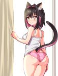  1girl animal_ears backlighting black_hair braid camisole cat_ears cat_girl cat_tail commentary cougar_(cougar1404) cowboy_shot crotch_seam curtains from_behind hair_intakes leo_(cougar1404) looking_at_viewer mole mole_under_eye multicolored_hair original panties pink_hair pink_panties short_hair side_braids smile solo standing symbol-only_commentary tail two-tone_hair underwear underwear_only white_camisole window yellow_eyes 