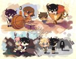  1girl 4boys artist_name aubrey_(faraway)_(omori) aubrey_(omori) ball basil_(faraway)_(omori) basil_(omori) basketball_(object) bench black_eyes black_hair black_sweater_vest blonde_hair blue_eyes blush brown_eyes brown_hair chibi closed_mouth dark-skinned_male dark_skin flower hair_flower hair_ornament hairband hero_(faraway)_(omori) hero_(omori) highres kel_(faraway)_(omori) kel_(omori) looking_at_another multiple_boys omori one_eye_closed open_mouth pink_hair short_hair sitting smile something_(omori) sunny_(omori) sweater_vest trophy watermark zipsunz 