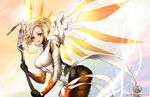  :d black_gloves blonde_hair blue_eyes breasts brown_legwear copyright_name cowboy_shot eyelashes from_side gloves glowing high_ponytail large_breasts leaning_forward leotard lips logo long_hair looking_at_viewer mechanical_halo mechanical_wings mercy_(overwatch) multicolored multicolored_background nal_(nal's_pudding) open_mouth overwatch pantyhose parted_lips ponytail smile solo staff wing_print wings yellow_wings 
