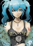  acdc angus_young aqua_eyes aqua_hair breasts closed_mouth clothes_writing expressionless eyeliner eyeshadow fur_trim hatsune_miku jewelry jinbei long_hair makeup necklace pendant shirt signature small_breasts solo tank_top tattoo torn_clothes torn_shirt twintails vocaloid 