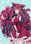  1girl animal_ears aowasa baobhan_sith_(fate) bare_shoulders blush bow breasts cat_ears cat_girl cat_tail detached_sleeves dress fate/grand_order fate_(series) feathers frills grey_eyes large_breasts long_hair multiple_tails paw_pose red_dress red_hair solo tail two_tails 