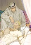  2boys abs arabian_clothes armlet bara bertolt_hoover black_hair blonde_hair blush bound bound_wrists brown_eyes chain closed_mouth cute_potato_(cute_potato_ner) food highres holding holding_food jewelry large_pectorals looking_at_another lying male_focus multiple_boys muscular muscular_male navel necklace nipples on_back pectorals reiner_braun robe shingeki_no_kyojin short_hair smile turban white_robe yaoi yellow_eyes 