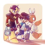  3boys android bag black_hair blue_eyes cut_man elec_man highres holding holding_bag laser-lance looking_at_another mega_man_(character) mega_man_(classic) mega_man_(series) multiple_boys open_mouth plastic_bag red_footwear shoes short_hair smile sneakers teeth upper_teeth_only 