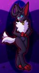 2024 absurd_res ambiguous_gender anthro black_horn chest_tuft claws collar cyanekite cyanknight front_view hi_res horn loupmoon male_(lore) midnekite pal_(species) palworld pocketpair red_claws simple_background solo sparkles standing tail tail_motion tailwag tuft white_tail