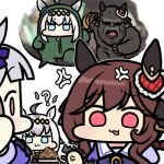  3girls :t ? ahoge anger_vein angry animalization blue_eyes blunt_bangs bow bowtie brown_hair commentary crushing ear_ornament eating gentildonna_(umamusume) gold_ship_(umamusume) gorilla grey_hair hairband horse_girl jazz_jack king_kong_vs._godzilla long_hair lowres multiple_girls oguri_cap_(gray_monster)_(umamusume) oguri_cap_(umamusume) pink_eyes puffy_short_sleeves puffy_sleeves purple_bow purple_bowtie purple_shirt red_eyes sailor_collar school_uniform shirt short_sleeves solid_circle_eyes spoken_character summer_uniform tracen_school_uniform trembling umamusume umamusume:_cinderella_gray white_sailor_collar wide_face yakisoba yellow_hairband 