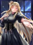  1girl alternate_costume black_dress blonde_hair blush blush_stickers breasts corset dress fate_testarossa goth_fashion highres jewelry large_breasts long_hair looking_at_viewer lyrical_nanoha night night_sky reaching reaching_towards_viewer red_eyes sky smile solo sougetsu_izuki sparkle very_long_hair window 